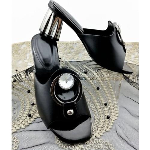 2019 New Arrivals Italian Style Pu Leather Nigerian Women Shoes with Shinning Crystal African Comfortable Heels for Party