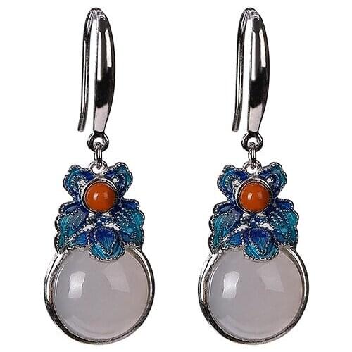 925 sterling silver cloisonne natural Hetian smoke mauve jade earrings retro personalized flower temperament female earrings