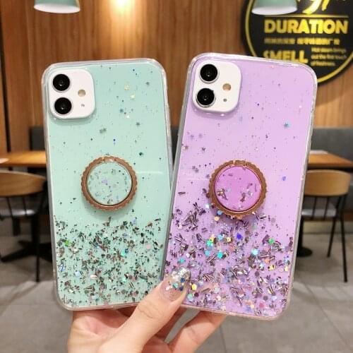 Glitter Transparent Silicone Ring Stand Case For iPhone 12 11 Pro 7 8 6 6S Plus X XS Max X XR Cover Epoxy Phone Shell Cases