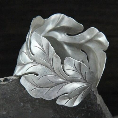 Real S925 Sterling Silver Handmade Wide Edge Tree Leaf RETRO Art Bracelet Commemorative Party Gift Jewelry