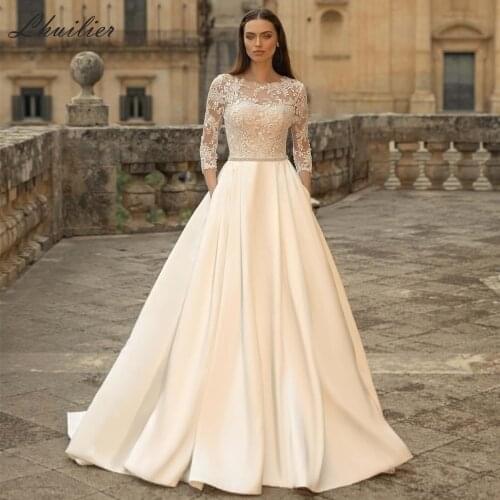 Lhuilier Elegant A-line Satin Wedding Dresses 2020 Three Quarter Sleeves Lace Appliques Floor Length Bridal Dress with Belt