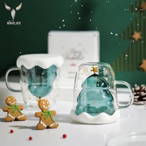Mugs Double-layer Glass Mugs 300ML Coffee Cups Christmas Tree Starry Sky Mouth Prevent Scald Milk Cup Cartoon Christmas Gift