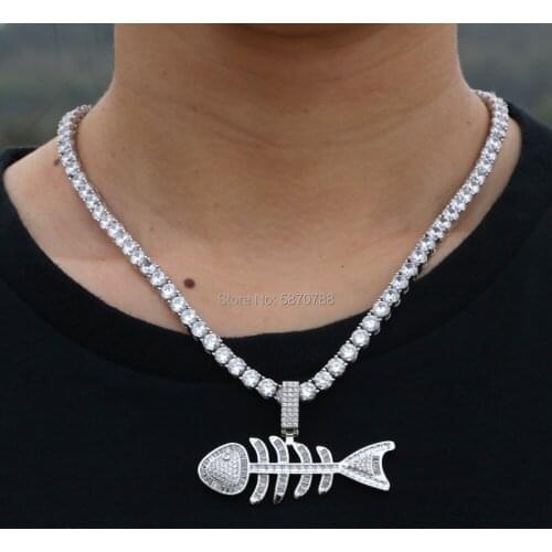 Hip hop fashion Lady Jewelry Iced Out Crystal Bone Fish Skeleton Pendant Charm Necklace