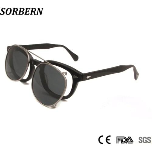 SORBERN Men Clip On Sunglasses Polarized Lens Women Round Acetate Optical Frames Johnny Depp Style Sun Glaases UV400 Goggles