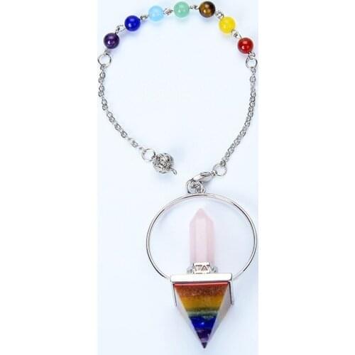 New Rainbow Layer Pyramid Circle 7 Chakra Chain Natural Stone Hexagon Prism Pendulum Reiki Chakra Charm Healing Pendant Jewelry