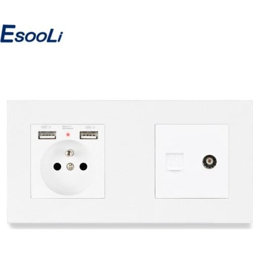ESOOLI PC Plastic Panel French Standard Electric Socket with 2 USB +1 Gang RJ11 Telephone Connector Female TV Connector 172*86mm