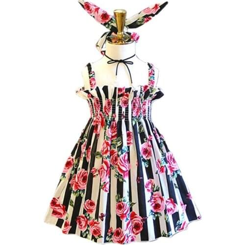 Girls Dress Summer Baby Kids Cotton Flower Print Strap Ruffles Dress+Hair Bands Kids Children Sleeveless Casual Princess Dress