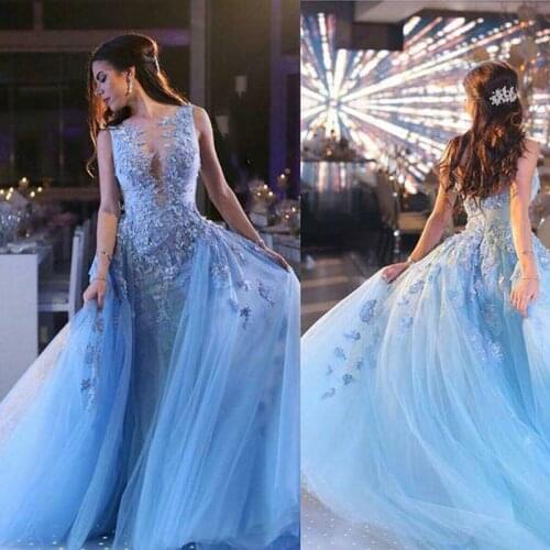 Luxury Sky Blue 3D Floral Over Skirt Prom Dresses Dubai Arabic Style Handmade Flower Dresses Party Evening Wear Custom Made