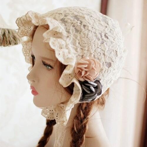 Beige Lace Lolita Bonnet Ruffled Hat Adjustable Medieval Vintage Maid Cosplay Women Girls Pumpkin Flowers Sweet Cap
