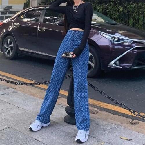 Blue Full Print Pant Jeans Women Spring Summer New Loose High Waist Button Zipper Street Fashion Straight Denim Trousers ZM432