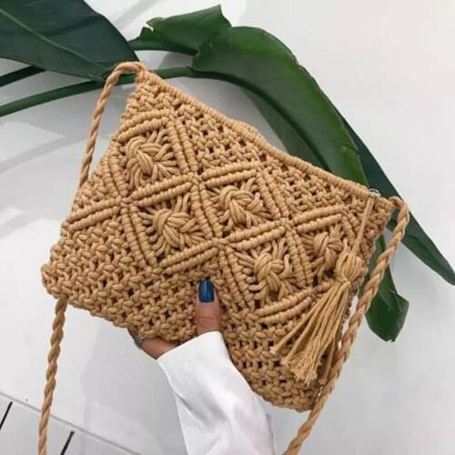 Bohemian Tassel Hollow Straw Clutch Bag for Women Rope Woven Shoulder Crossbody Bag Summer Beach Small Purses Travel Handbags
