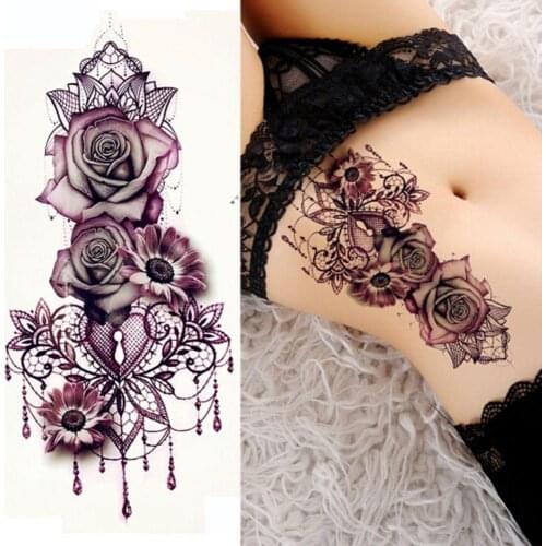 1pcs Purple Rose Tattoo Stickers Water Transfer Women Waist Girl Chest Body Art Temporary Tattoo Waterproof Flower Tatoos