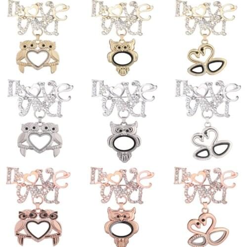 10Pcs Vintage Crystal Words I Love you Brooches Pins With Owl Floating Locket Brooch Pendant Women Wedding Gift Jewelry