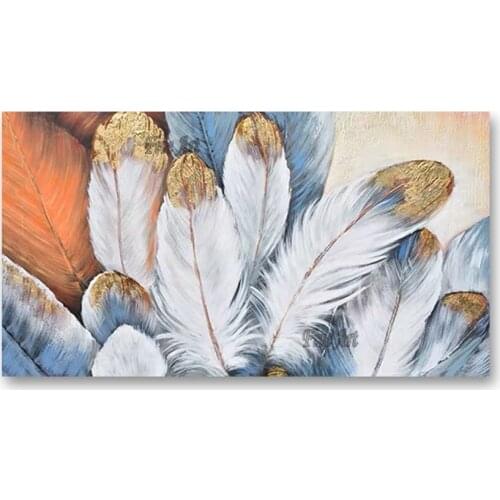 100% Hand-painted Abstract Gold Foil Art Abstract White Feather Oil Painting Canvas Picture Unframed Wall Decoration Canvas Art