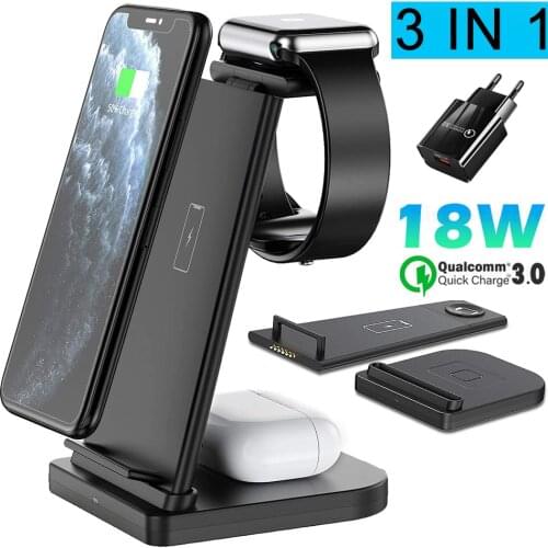 3 in1 Wireless Charger For iPhone 11 XR Xs AirPods Apple Watch 2/3/4/5 Wireless Charging Stand for Doogee Samsung Huawei Xiaomi