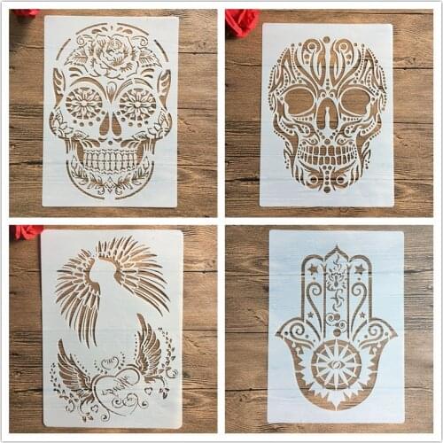 4pcs/set A4 skull Stencils Painting Coloring Embossing Scrapbook Album Decorative Template angel wings Religious palm