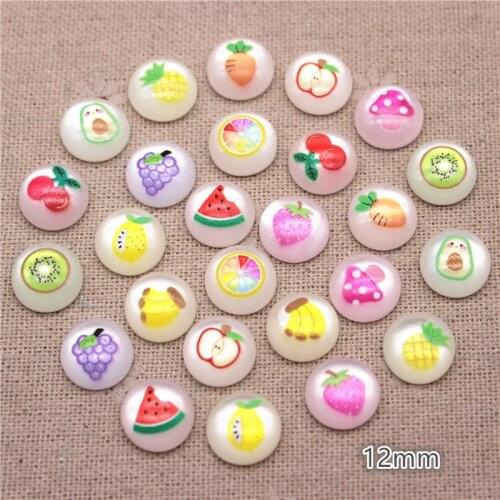 50PCS 12mm Cute Shiny Resin Fruits Vegetables Printed Half Round Flatback Cabochons DIY Home Decoration Hair Clip Scrapbook