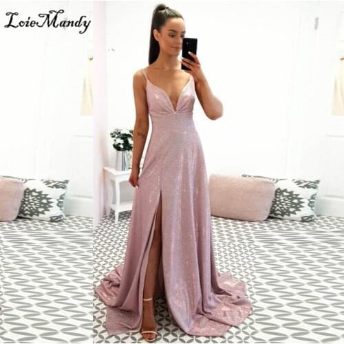 Brilliant Sequined Prom Dresses Long 2022 Sexy V-neck Backless Dress Woman Party Night Formal High Split Evening Party Gowns