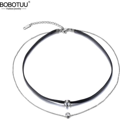 BOBOTUU Bohemia Stainless Steel Double Layer Necklaces Jewelry Trendy CZ Crystal Chain Chokers Necklace For Women Girl BN19019