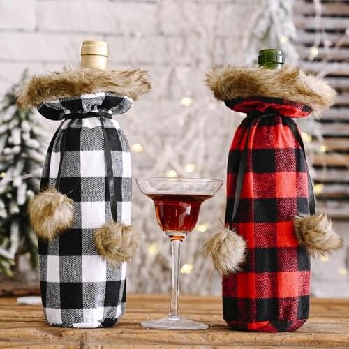 Xmas Wine Bottle Dust Cover Bag Plush Plaid Christmas Party Dinner Table Decor vinoteca beer bottle case cecotec wine bottle bag