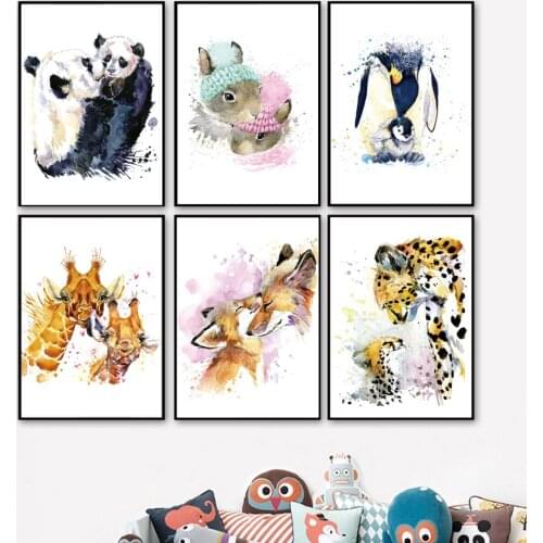 Color Panda Rabbit Penguin Giraffe Fox Leopard Nordic Posters And Print Animal Wall Art Canvas Painting Wall Pictures Decor