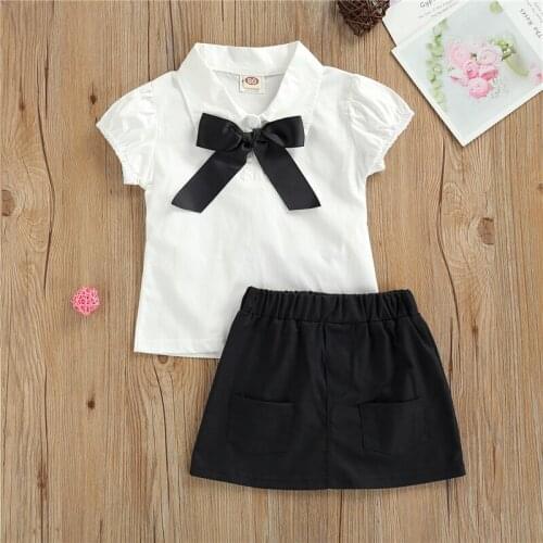 Baby Girl 2 Piece Set Short Sleeve Lapel Neck Big Bow Buttons Cardigan Solid Color Tops abd Pockets Skirts Summer Clothes