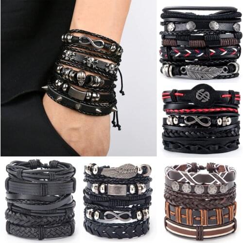 Eif Dock Vinatge Gothic Punk Skull Star Metal Multilayer Leather Bracelet Men Bracelets & Bangles Male Arm Jewelry wholesale