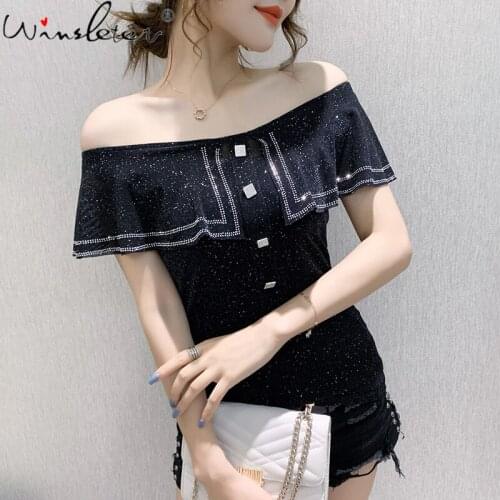 Summer European Clothes T-Shirt Fashion Shiny Mesh Ruffles Women Tops Short Sleeve Sexy Back All Match Tees New 2021 T14405A