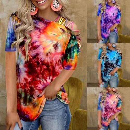Tie Dye Gradient Print T Shirt Women Hollow Out Strapless Oversized Tops Harajuku Sweatshirt Female Casual Summer 2021 Vintage