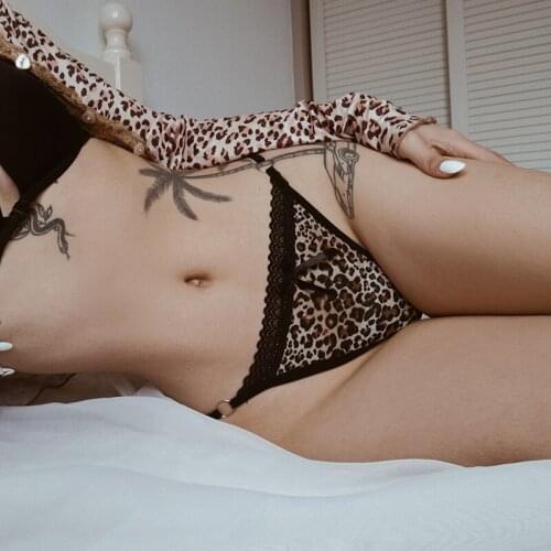 Ins Net Leopard Lace Sexy Underwear for Women Hollow Out Sex Panties Strings Ice Silk Seamless Briefs T-pants Thong