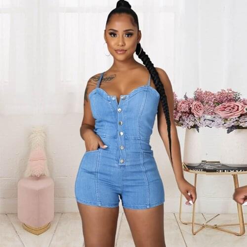 Elastic Denim Jumpsuits For Women Sling Single-Breasted Shorts Rompers Summer Fashion Party Cowboy Jumpsuit Ladies Vestidos