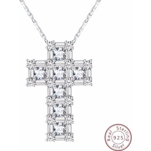 Brand 100% Real Sterling Silver Pendant & Necklace For Women AAA CZ Prong Setting Cross Shape Male Fine 925 Jewelry