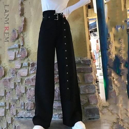 LANMREM 2021 Autumn And Winter All-match Black Wide-leg Pants High-waist Straight Long Trousers With Belt 2W2960