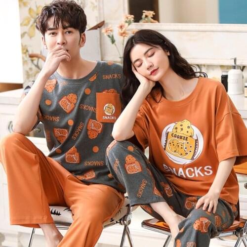 Summer Cotton Couple Pajamas Casual Orange Short Sheeve Women Home Wear Men Plus Size Nightwear Cartoon Snacks Print Sleepwear