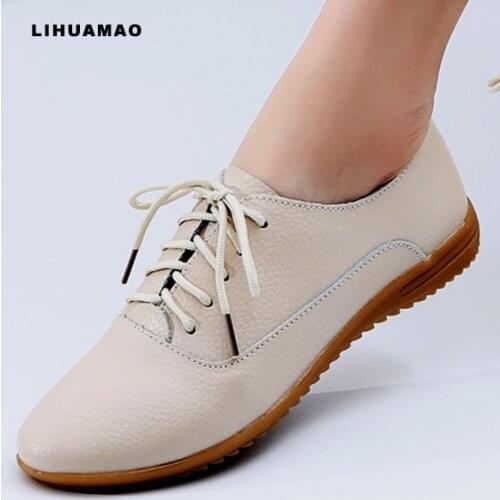 LIHUAMAO PU leather shoes for women flats Comfort casual lace up round toe derby shoes oxford sneaker office lady party