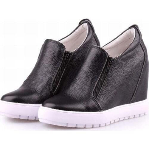 2017 spring new fashion genuine leather double zipper lady loafers platform wedges height increasing women elevator casual shoes