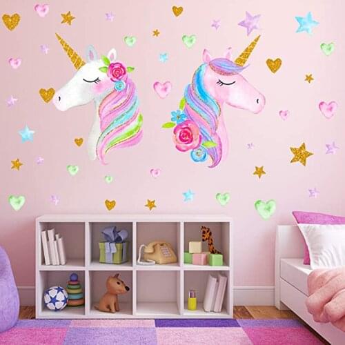 Cartoon Unicorn Wall Decor Removable Cute Unicorn Star Heart DIY Wall Stickers Gilrs Kids Bedroom Nursery Birthday Party Favor