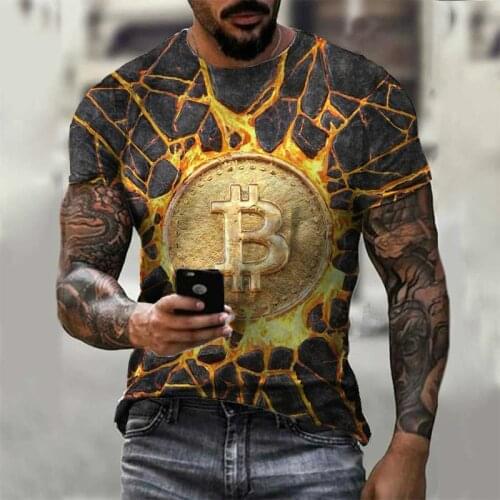 Mens T-shirt Bitcoin Printing Short Sleeve Loose O-Neck 3D Printing Pullover Letter Pattern Casual Design Mens Clothing