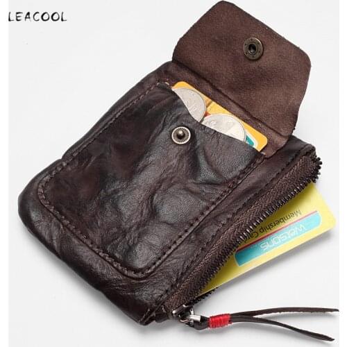 LEACOOL Vintag Cowhide Genuine Leather Mens Coin Purse Genuine Leather Zipper Coin Wallet Retro Key Holder Small Money Bag