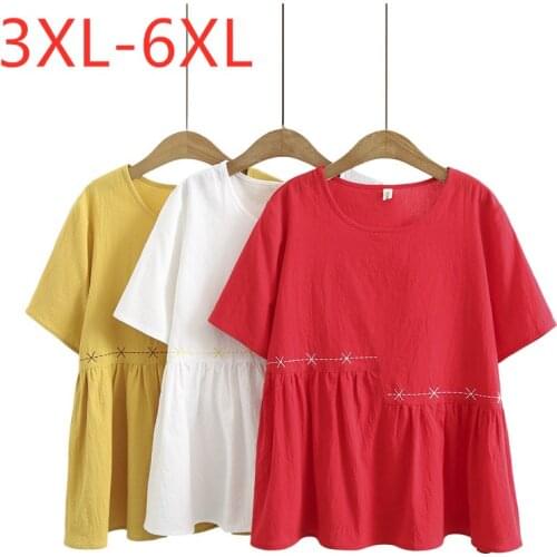 New 2021 Ladies Summer Plus Size Tops For Women Large Short Sleeve Loose Cotton Linen Ruffle Red O-neck T-shirt 3XL 4XL 5XL 6XL
