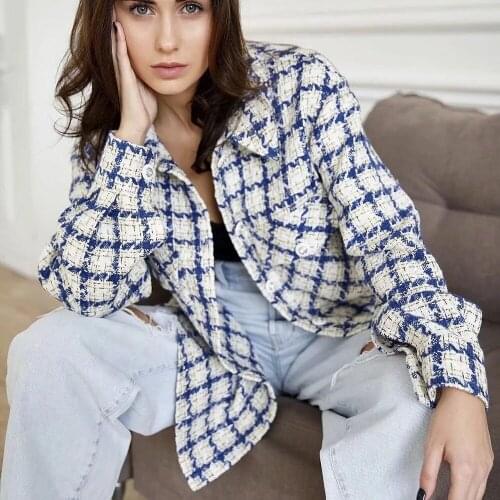 XIKOM 2021 New Women Casual Tweed Bule Plaid Loose Lapel Single-Breasted jacket Female Long-Sleeved Female Chic Top