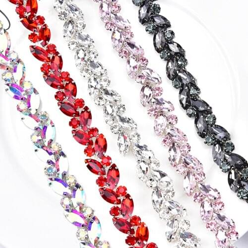 Different Color Glass Crystal Flower Chain Bridal Sewing Rhinestone Trimming Applique for Belt Dress Shoes Clothing Decoration