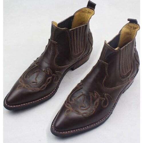 Luxury Handmade Mens Boots Ankle Cowhide Genuine Leather Work Boots Shoes Western Cowboy Botas Hombre Motocycle Short Boots Men