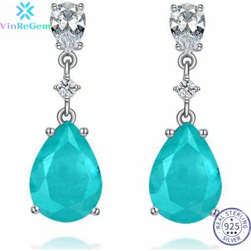 Vinregem Classic100% 925 Sterling Silver Water Drop Paraiba Tourmaline Gemstone Wedding Engagement Studs Earrings Fine Jewelry