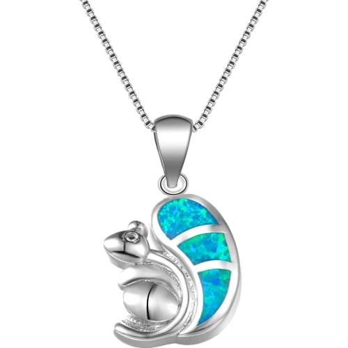 Cute Squirrel Pendants White Blue Fire Opal Necklace Silver Color Wedding Necklaces For Women Fashion Animal Choker Jewelry
