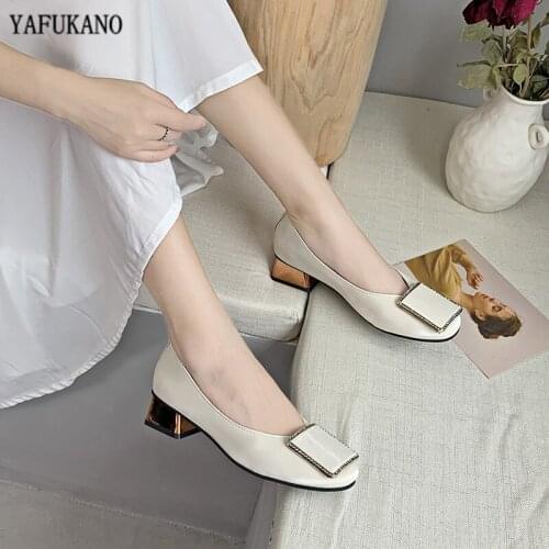 High Heels Square Heel Square Toe Leather Pumps Shoes Women Summer Autumn Shallow Mouth Casual Office Lady OL Shoes 4 cm Heel