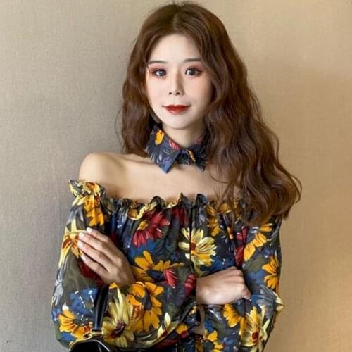 2021 Womens Shirt Summer New Fashion Shirts Floral Puff Sleeve Strapless Lace Shirts with Decorative Bow Tie Long Sleeve T Shirt