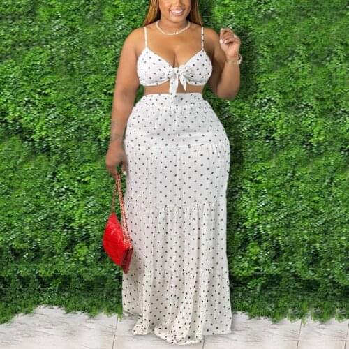 White Polka Dot Skirt Sets for Women Large Big Size Crop Tops & Long Skirt High Waisted Floor Length Sexy Summer Outfits Sets