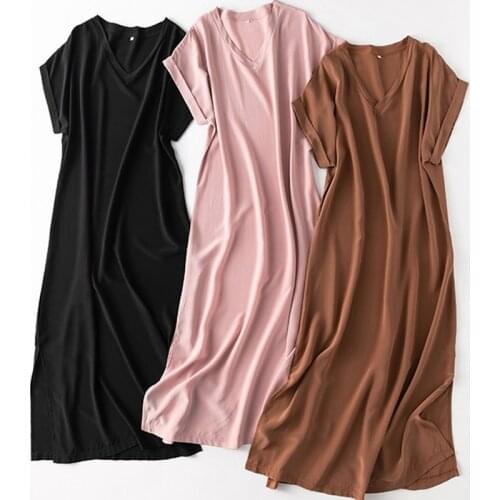 Womens 100% Mulberry Silk Crepe Silk V neck Short Sleeve Side Slit Long Dress L XL JN679