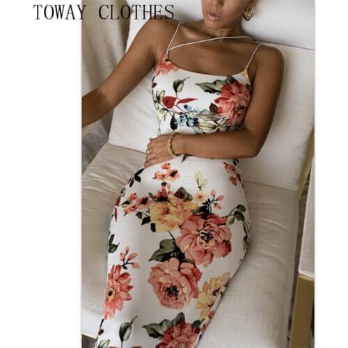 Women Spaghetti Strap Floral Print Midi Sheath Cami Dress Bodycon Sexy Party Dress